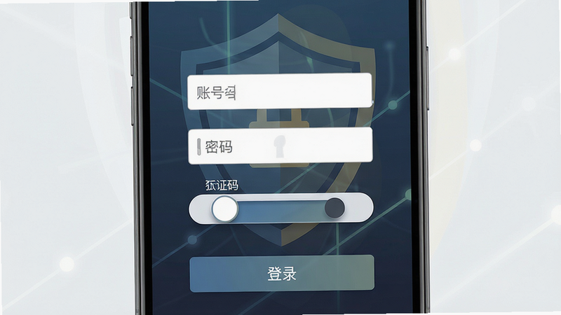 手机登录界面,显示账号输入框、密码输入框、验证码滑块以及“登录”按钮,背景为抽象的安全盾牌图案,色调稳重,文字清晰,高清,简洁,无多余装饰