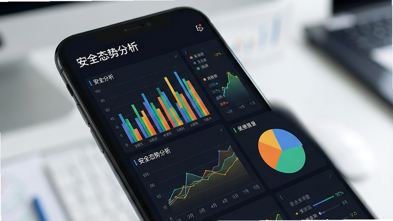 手机界面显示一张复杂的仪表盘,包含柱状图、折线图和饼图,标题为“安全态势分析”,图表颜色鲜明区分不同数据维度,背景深色模式,字体白色,布局紧凑有序,高清细节,专业商务风格