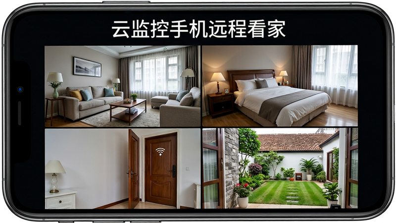 特写镜头展示手机屏幕,界面上方显示“云监控手机远程看家”字样,下方是分割的四宫格监控画面,分别展示客厅、卧室、门口和庭院的实时高清视频,布局规整,色彩还原真实,风格科技感强,画质细腻,无水印干扰,突出多路视频同步能力。