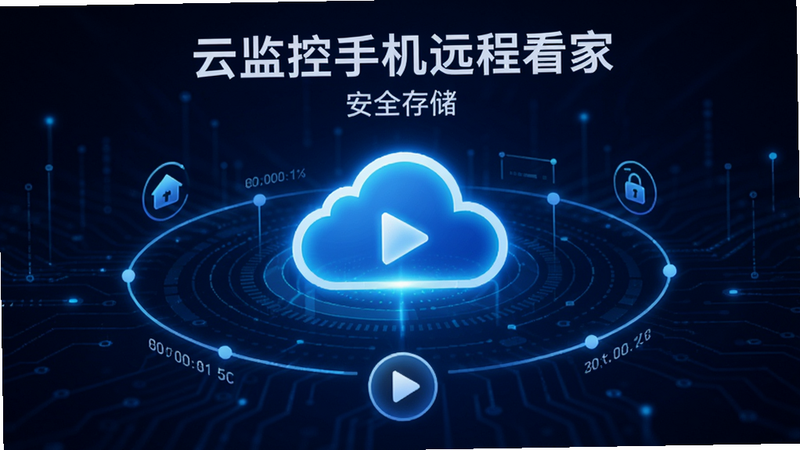 展示云存储界面的概念图,中心是一个发光的云朵图标,周围环绕着时间轴和播放按钮,背景为深蓝色科技风,文字清晰标注“云监控手机远程看家”及“安全存储”,布局对称,风格现代,细节丰富,体现数据的安全与便捷访问,画质清晰无噪点。