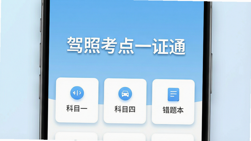 一张展示“驾照考点一证通”安卓应用界面的高清图片,主体为手机屏幕,屏幕中央显示“驾照考点一证通”大字标题,下方排列着“科目一”、“科目四”、“错题本”三个功能模块卡片,背景为浅蓝色渐变,布局整齐,排版清晰,风格简约现代,细节处有柔和阴影,画质清晰,干净,无多余元素