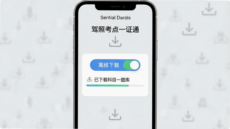 一张展示“驾照考点一证通”离线模式设置界面的图片,主体为手机屏幕,中央显示“离线下载”开关按钮,下方显示“已下载科目一题库”进度条,背景为浅灰色,布局居中,排版简约,风格实用,细节处有下载图标,画质清晰,干净,无多余元素
