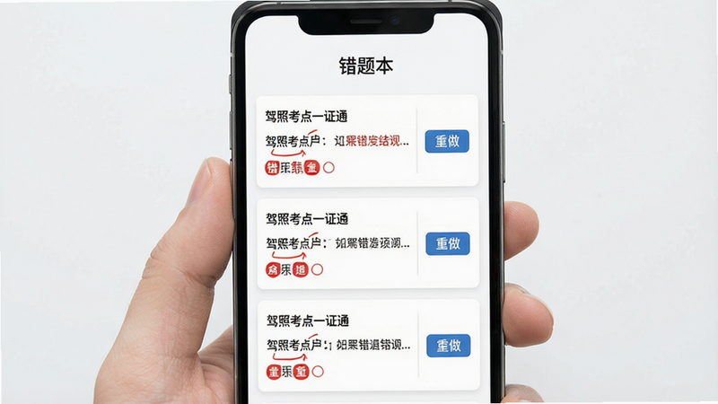 一张展示“驾照考点一证通”错题本功能界面的图片,主体为手机屏幕,中央显示“错题本”标题,下方列出三道具体的错题卡片,每张卡片右侧有“重做”按钮,背景为白色,布局垂直列表,排版清晰,风格简洁,细节处有红色标记错误选项,画质清晰,干净,无多余元素
