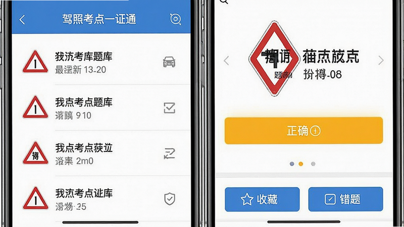 一张展示“驾照考点一证通”题库功能界面的图片,主体为手机屏幕,左侧显示“最新题库”列表,右侧显示一道交通标志题及正确选项高亮,下方有“收藏”、“错题”按钮,布局左右分栏,排版紧凑,风格专业,细节处有图标点缀,画质清晰,干净,无多余元素
