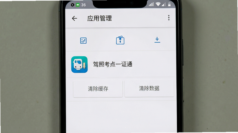 一张展示安卓手机“应用管理”设置界面的图片,主体为手机屏幕,中央显示“驾照考点一证通”应用条目,下方有“清除缓存”、“清除数据”按钮,背景为白色,布局垂直列表,排版清晰,风格系统原生,细节处有应用图标,画质清晰,干净,无多余元素