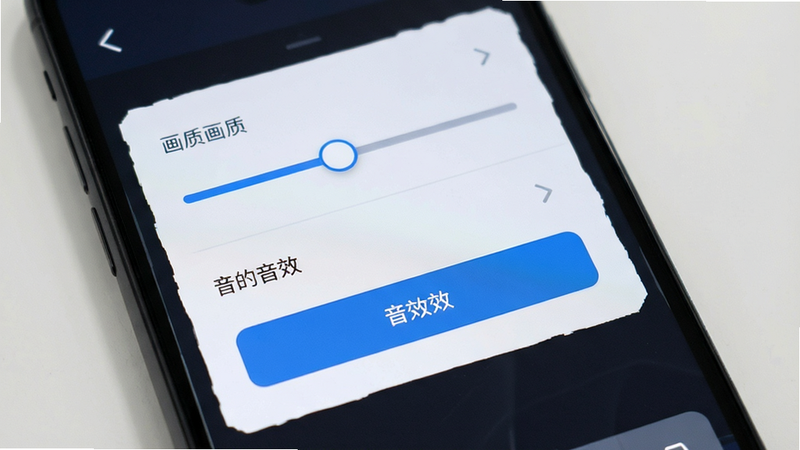 手机屏幕显示游戏设置界面,主体是画质与音效选项,布局简洁清晰,风格为现代UI设计,细节展示滑块与按钮,画质清晰,干净,无多余元素