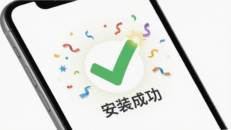 画面主体为一部现代智能手机,屏幕上显示Foodstars安装器的成功界面,中间有一个大大的绿色对勾,周围有彩带庆祝效果,背景为纯白色,布局居中,排版简洁明快,风格为扁平化庆祝风,细节处有光晕效果,画质清晰,干净,无多余元素,文字显示
