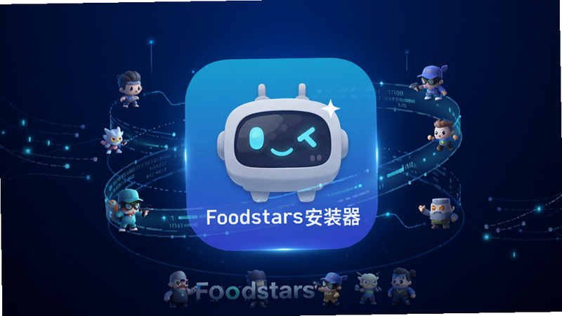 画面主体为Foodstars安装器的APP图标,位于中央,背景为深蓝色科技感渐变,周围环绕着数据流线条和微小的游戏角色剪影,布局居中对称,排版简洁大气,风格为现代极简科技风,细节处有微光效果,画质高清,干净,无多余元素,文字显示