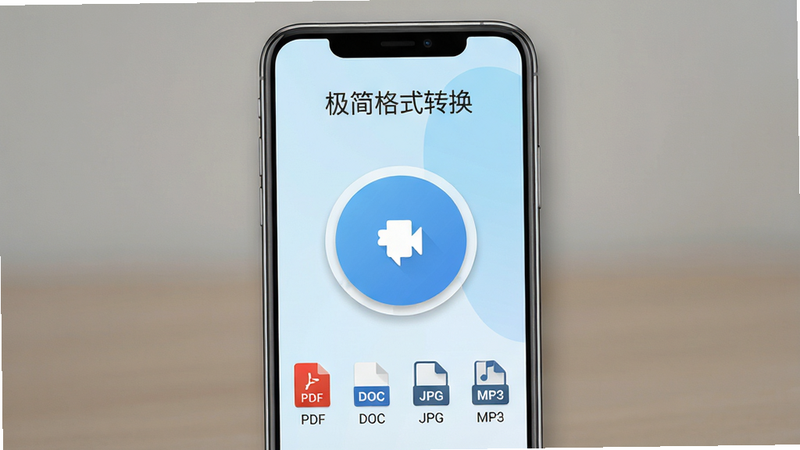 �����ʽת�� ��׿APP ������չʾ������Ϊ�ֻ���Ļ������������࣬������ʾ�������ʽת�������⣬�м�Ϊ�޴��Բ��ת����ť���·��г�֧�ֵ��ļ�����ͼ����PDF��DOC��JPG��MP3������Ϊ����ɫ����ɫ������ƽ���ִ�UI��ϸ�ڴ�����͵���ӰЧ�������ʸ��壬�ɾ��޶���Ԫ�أ����֡������ʽת���������ɼ�