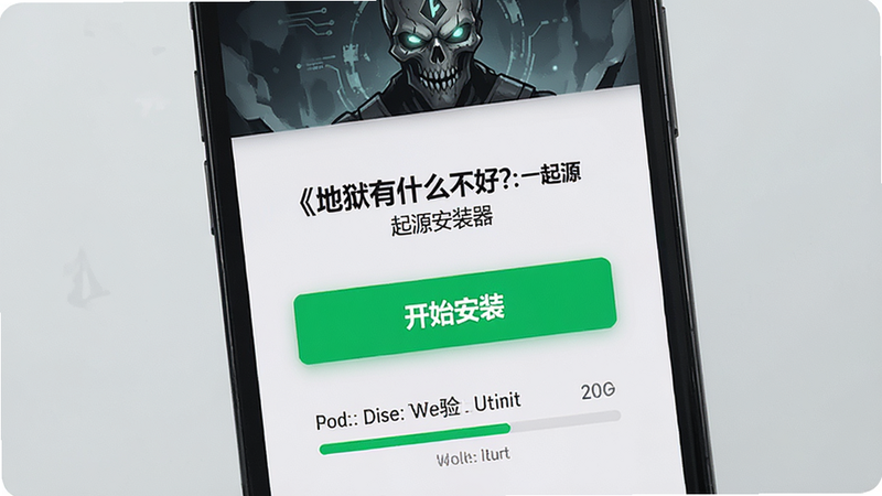 展示手机屏幕上《地狱有什么不好?:起源安装器》的一键安装界面,主体为醒目的绿色“开始安装”按钮,布局为垂直居中,排版现代简约,风格为科技感与神秘感结合,细节显示后台正在进行的文件校验进度,画质清晰,干净,无多余装饰