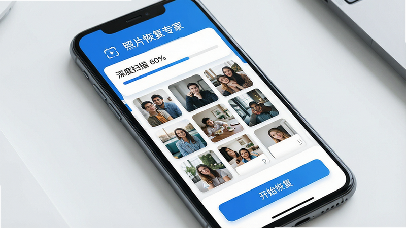 一张高清写实风格的手机应用界面展示图,主体为“照片恢复专家”App的主屏幕,布局采用卡片式设计,顶部显示“深度扫描”进度条,中部展示多张已恢复的缩略图网格,底部有“开始恢复”按钮,整体风格现代简约,配色以科技蓝与白色为主,细节清晰,画质超清,无多余水印或杂乱元素