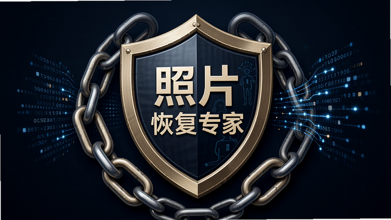隐私安全认证徽章图,主体为“照片恢复专家”图标,周围环绕着盾牌、锁链与数据流,布局紧凑,风格专业可信,深色调背景,细节精致,画质高清,无杂乱元素