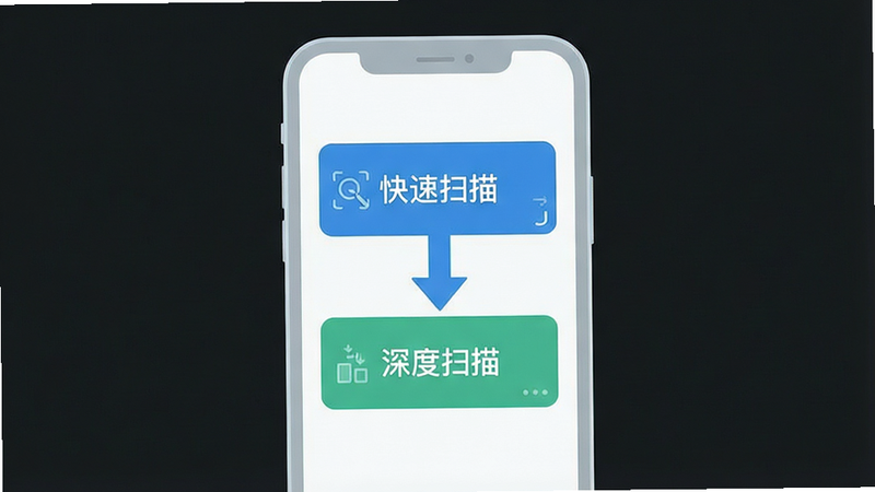手机端数据恢复流程示意图,主体为手机屏幕,显示“快速扫描”与“深度扫描”两个选项,布局简洁,箭头指示操作流程,风格扁平化,颜色清新,细节清晰,画质高清,无多余装饰