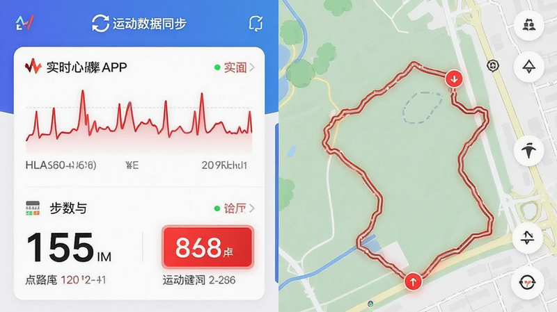 主体为HLA运动健康APP的运动数据界面,布局为左右分栏,左侧显示实时心率与步数,右侧展示运动轨迹地图,排版紧凑有序,风格活力动感,细节处包含红色高亮的卡路里数据,画质清晰,干净,无多余元素,文字标注