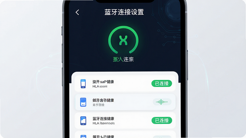 主体为HLA运动健康APP的蓝牙连接界面,布局为上下结构,上方显示连接状态图标,下方列出可连接设备列表,排版简洁直观,风格科技感强,细节处包含绿色的“已连接”标识,画质高清,干净,无多余元素,文字标注