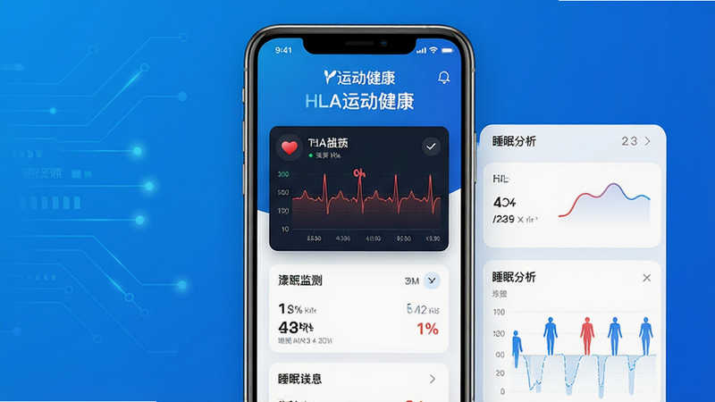 主体为HLA运动健康APP的高清界面截图展示,布局采用居中构图,背景为纯净的科技蓝渐变,排版清晰整洁,风格现代简约,细节处展现心率监测图表与睡眠分析模块,画质超高清,干净,无多余元素,文字标注