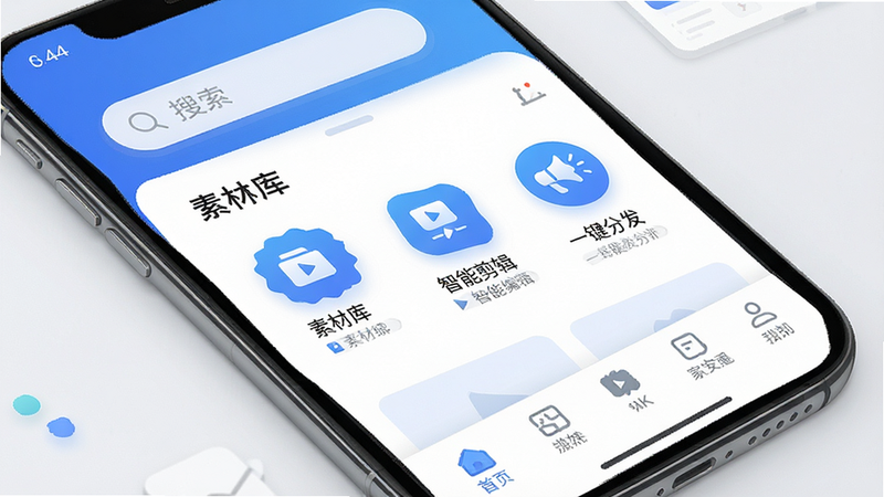 一张高清的手机应用界面概念图,主体为‘智媒者’APP主屏幕,布局清晰,顶部为搜索栏,中部展示‘素材库’、‘智能剪辑’、‘一键分发’三个核心功能图标,底部为导航栏,风格为现代扁平化设计,蓝色为主色调,细节精致,画质4k,干净,无多余元素,图中包含文字“智媒者”