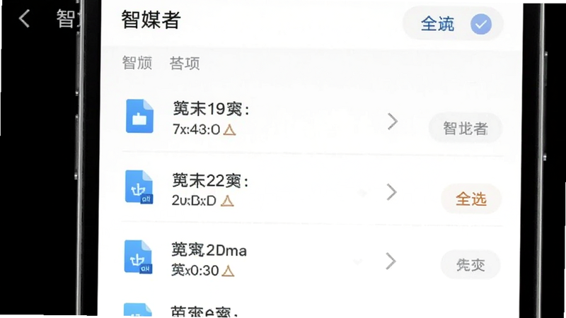 展示批量导入素材界面的手机屏幕,主体为文件列表和全选按钮,布局整齐,风格简洁现代,细节包括文件大小、格式标识,画质清晰,干净,无多余元素,图中包含文字“智媒者”