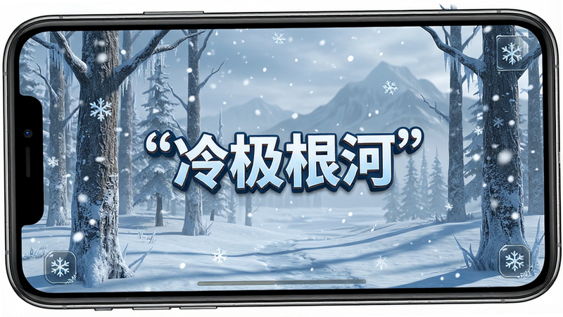 主体为手机屏幕显示《冷极根河》游戏主界面,布局呈现全屏冰雪森林场景,排版中心突出游戏Logo,风格为写实3D渲染,细节包含雪花飘落特效、冻僵的树木纹理、远处朦胧的山脉轮廓,画质高清8K,干净无多余元素,文字“冷极根河”加引号居中