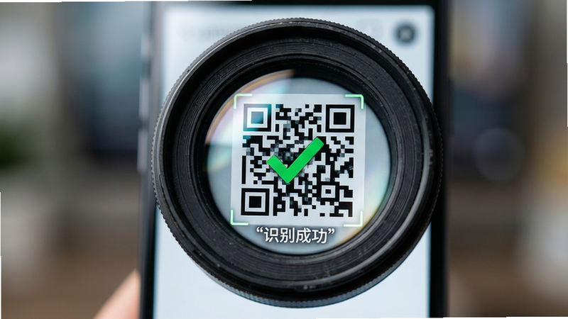 主体为手机摄像头特写,镜头对准一个复杂的二维码,屏幕显示识别成功的绿色对勾,背景虚化,布局紧凑,排版突出科技感,风格写实摄影,细节展现镜头光泽和屏幕反光,画质锐利,干净,无多余元素,文字加引号