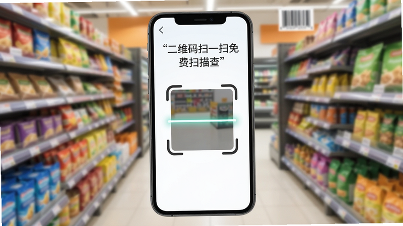 主体为手机屏幕,屏幕上显示着“二维码扫一扫免费扫描查”的应用界面,中间有一个清晰的扫描框,背景是模糊的超市货架和商品条形码,布局居中,排版简洁,风格现代扁平化,细节展现扫描线动态效果,画质高清,干净,无多余元素,文字加引号