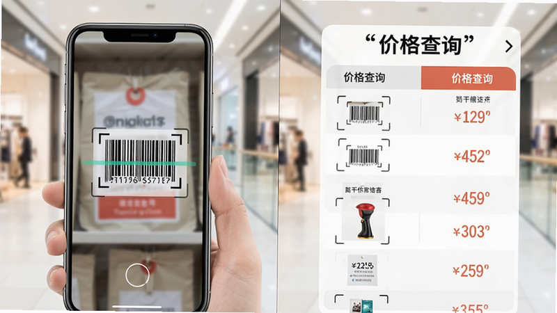 主体为分屏展示,左侧是手机扫描商品条码,右侧是价格对比列表,背景为明亮的商场环境,布局左右平衡,排版清晰,风格商务简约,细节展现商品标签和价格数字,画质明亮,干净,无多余元素,文字加引号