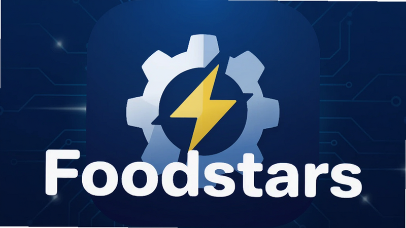 Boogu-Image生成:主体为Foodstars安装器APP图标,布局采用中心对称构图,背景为深蓝色科技渐变,排版简洁现代,风格为扁平化UI设计,细节包含齿轮与闪电符号象征速度与稳定,画质8K高清,干净无多余元素,文字“Foodstars”醒目居中,字体加粗白色,无阴影,整体视觉清爽专业。