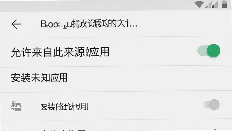 Boogu-Image生成:主体为安卓手机设置界面截图,布局为列表式,背景为白色简洁风格,排版整齐,风格为原生安卓UI,细节包含“允许来自此来源的应用”开关处于开启状态,文字“安装未知应用”清晰,画质高清,无多余水印,突出设置操作的关键点。