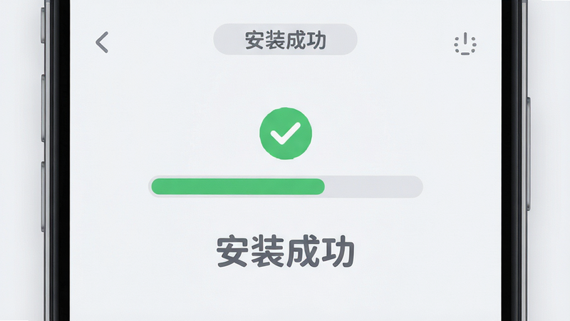 Boogu-Image生成:主体为手机屏幕显示安装进度条,布局为垂直居中,背景为浅灰色极简风格,排版清晰直观,风格为现代科技感,细节包含绿色对勾图标表示成功,文字“安装成功”清晰可见,字体圆润柔和,画质清晰锐利,无杂乱背景,突出安全感与顺利完成的喜悦感。