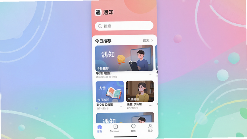主体为遇知App首页界面预览图,布局采用中心对称设计,顶部显示“遇知”Logo及搜索栏,中部展示“今日推荐”卡片流,底部为导航栏,风格为极简主义扁平化设计,细节处体现柔和的渐变背景色,画质高清,干净无多余元素,文字清晰可读