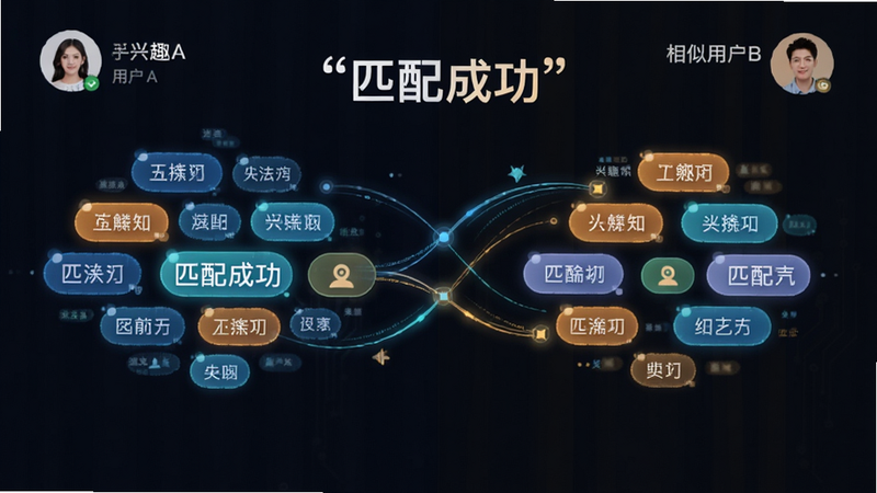 主体为遇知App的匹配界面示意图,布局为左右分屏结构,左侧显示用户A的兴趣标签云,右侧显示用户B的相似标签,中间通过动态线条连接表示匹配度,风格科技感与人文气息结合,细节展示标签的高亮效果,画质清晰,无杂乱背景,文字“匹配成功”加引号