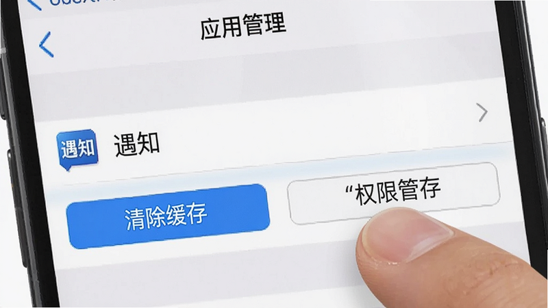 主体为手机设置界面示意图,布局聚焦于“应用管理”中的“遇知”选项,高亮显示“清除缓存”与“权限管理”按钮,风格为iOS/Android通用设置界面风格,细节展示手指点击动作,画质清晰,无多余图标,文字“清除缓存”加引号