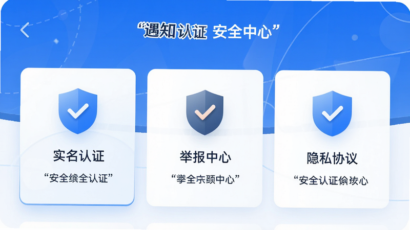 主体为遇知App安全中心界面预览,布局为卡片式展示,重点突出“实名认证”、“举报中心”与“隐私协议”三个模块,风格专业且令人安心,细节展示盾牌与对勾图标,画质高清,色彩以蓝色为主调,文字“安全认证”加引号