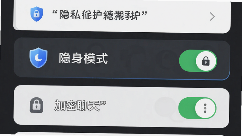 主体为遇知App隐私设置界面图解,布局为纵向列表形式,重点突出“隐身模式”与“加密聊天”两个开关,风格严谨且现代,细节展示盾牌图标与锁形符号,画质清晰,背景为深灰色以突出安全主题,文字“隐私保护”加引号