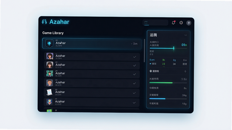 一张现代科技感强烈的 Azahar 模拟器界面展示图,主体为深色模式的应用主界面,左侧显示游戏库列表,右侧为运行状态监控面板,布局清晰简洁,扁平化设计风格,细节处有蓝色霓虹光效点缀,高清 8k 画质,干净无多余元素,文字显示
