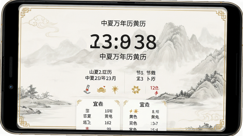 主体为一部最新款安卓智能手机,屏幕正中央展示着“中夏万年历黄历”的应用主界面,背景为淡雅的中国风水墨纹理,界面顶部显示大号数字日期,下方清晰排列着农历日期、节气图标及宜忌列表,整体布局简洁大方,排版工整,风格为现代极简与传统中国风结合,细节处有微妙的金色边框装饰,画质高清,干净无多余元素,文字清晰可见,包含引号内的“中夏万年历黄历”字样