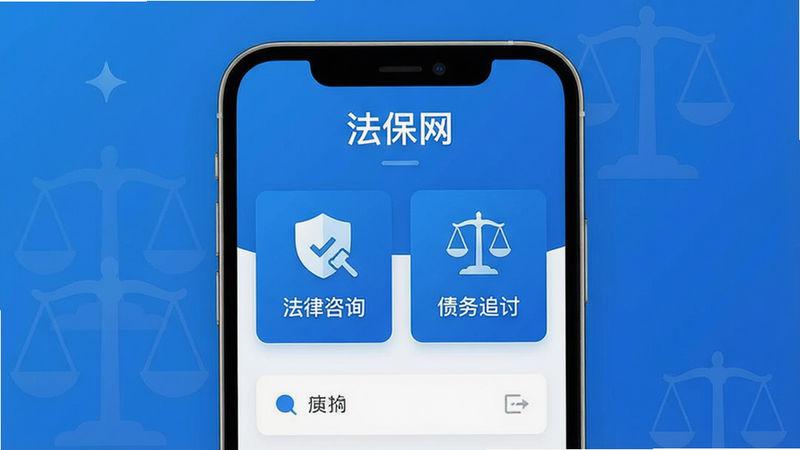 主体为法保网App的手机界面展示,布局中心突出“法律咨询”与“债务追讨”两个核心入口,排版简洁现代,风格为扁平化科技蓝,细节包含盾牌图标与天平元素象征法律公正,画质高清,干净,无多余元素,文字“法保网”清晰可见