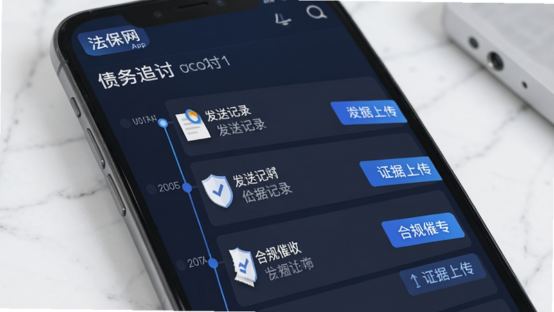 主体为法保网App中的“债务追讨”模块界面,布局展示时间轴形式的催收记录列表,排版整齐,风格为商务严谨风,细节包含“发送记录”、“证据上传”按钮,画质高保真,干净,无多余元素,文字“合规催收”