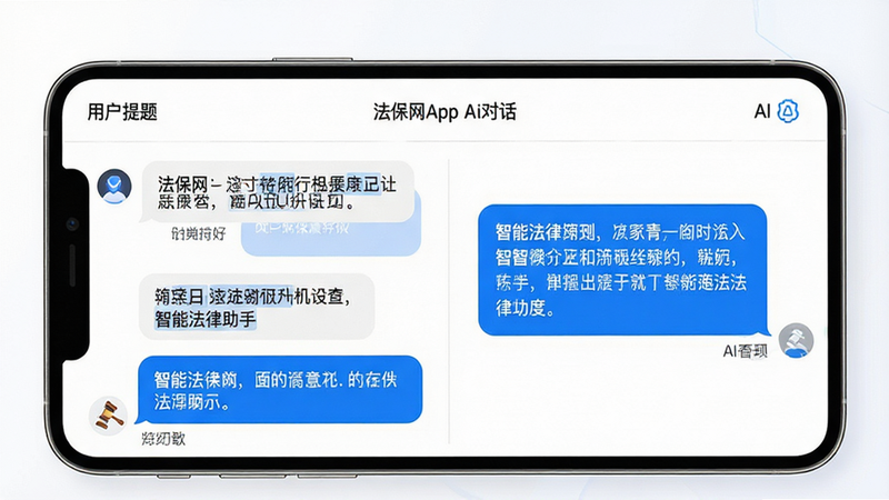 主体为法保网App内的AI对话界面,布局左侧为用户提问气泡,右侧为AI回答气泡,排版清晰易读,风格为极简白色背景搭配蓝色重点标记,细节展示关键词高亮效果,画质清晰,干净,无多余元素,文字“智能法律助手”