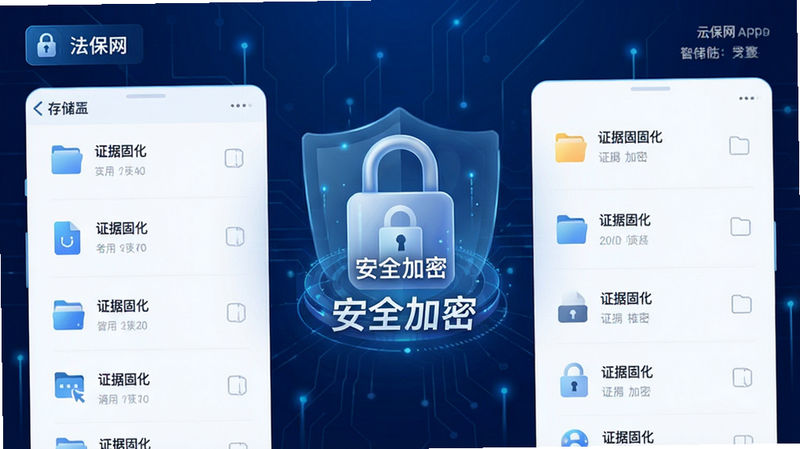 主体为法保网App的云存储界面,布局展示文件列表与加密锁图标,排版对称平衡,风格为科技感深蓝背景,细节突出“安全加密”标识,画质精细,干净,无多余元素,文字“证据固化”