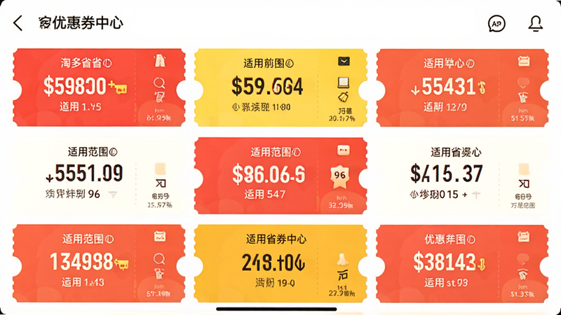 展示淘多省省APP内部的“优惠券中心”界面,主体为密集排列的优惠券卡片,布局采用网格状,排版紧凑,风格为鲜艳的电商促销风,细节显示券面金额与适用范围,高清画质,干净背景,无多余元素