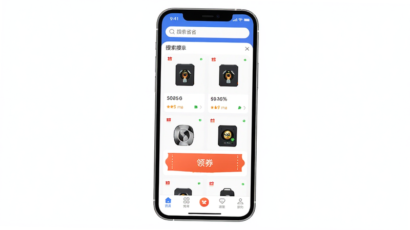 软件名称“淘多省省”的APP界面全景展示,主体为手机屏幕居中显示,布局清晰,顶部为搜索栏,中部展示商品卡片与醒目的“领券”按钮,底部为导航栏,排版整洁有序,风格为扁平化科技风,细节丰富,高清画质,干净背景,无多余元素