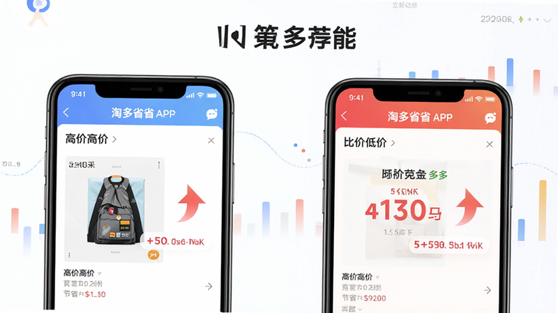 淘多省省APP内的“比价功能”演示图,主体为两个手机屏幕并列,左侧显示高价商品页,右侧显示淘多省省推荐低价页,布局对比强烈,排版左右对称,风格为数据可视化风格,细节包含价格箭头与节省金额标注,高清画质,干净背景,无多余元素