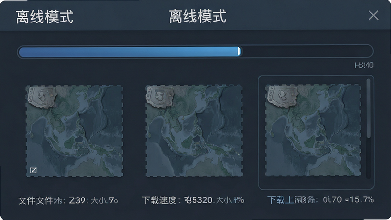 主体为离线地图下载界面,布局为进度条与地图瓦片预览,排版稳重可靠,风格工业风科技感,细节显示文件大小与下载速度,画质高保真,干净,无多余元素,文字显示