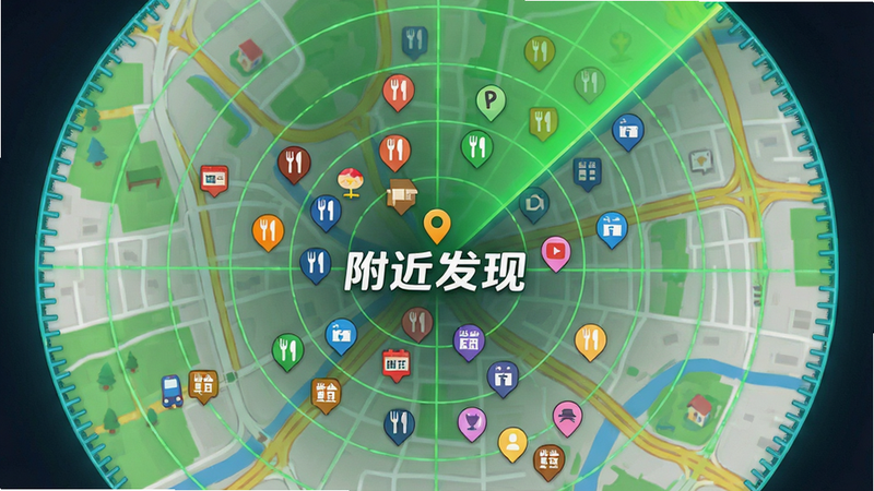 主体为周边地图视图,布局为圆形雷达扫描效果,排版聚焦中心点,风格生动活泼,细节显示各类POI图标如餐厅酒店,画质精致,干净,无多余元素,文字显示