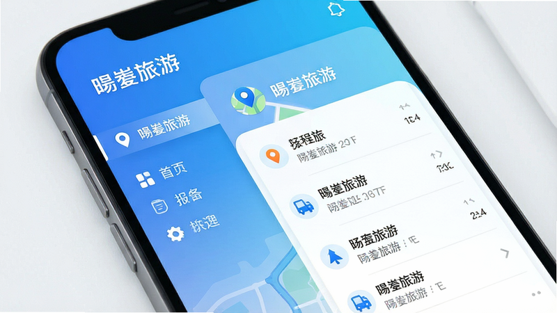 主体为手机屏幕界面,布局为左侧导航栏右侧内容区,排版整洁现代,风格清新简约,细节包含地图定位图标与行程列表,画质高清,干净,无多余元素,文字显示