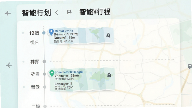 主体为旅行规划界面截图,布局为时间轴形式展示日程,排版逻辑清晰,风格扁平化设计,细节显示地点标记与预计耗时,画质清晰,干净,无多余元素,文字显示