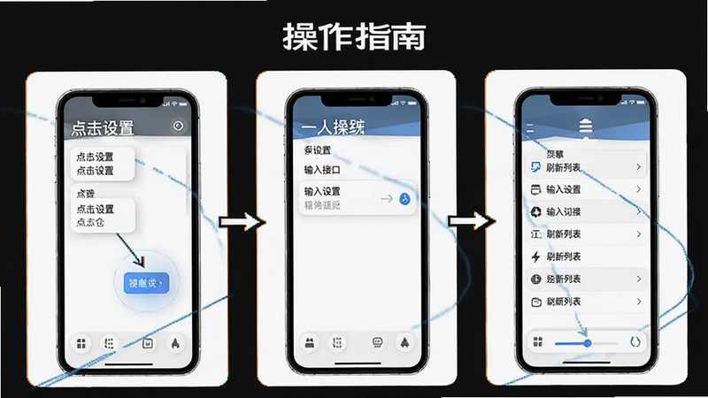 影视仓2026手机端操作指南图解,主体为手机屏幕序列图,布局为步骤展示,包含点击设置、输入接口、刷新列表三个步骤,风格教程感,细节清晰,画质高清,干净,无多余元素,文字