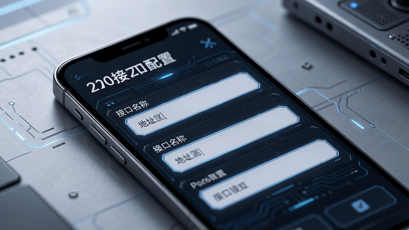 影视仓2026接口设置界面,主体为手机屏幕,布局为表单输入框,显示接口名称和地址输入区域,风格科技感,细节清晰,画质高清,干净,无多余元素,文字