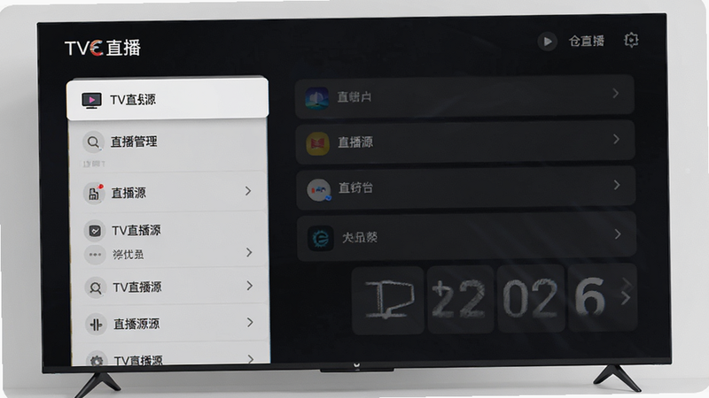 影视仓2026 TV端直播设置界面,主体为电视屏幕,布局为菜单列表,显示直播源管理选项,风格大屏交互,细节清晰,画质高清,干净,无多余元素,文字